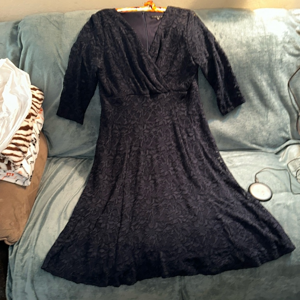 Tiana B size 16 dark blue sheer floral print dress with slip built in 💕